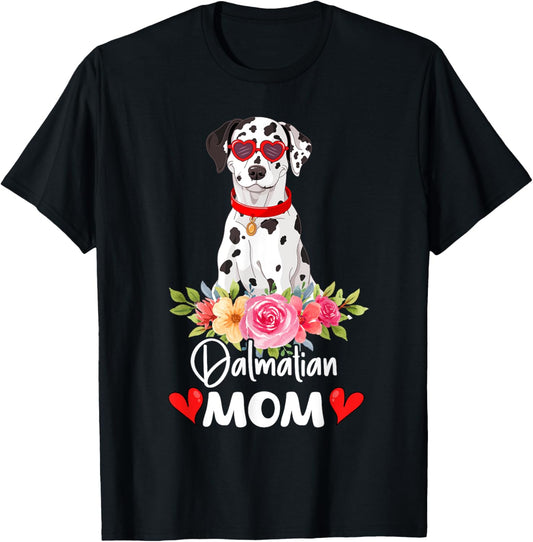 Dalmatian Mom Mama Sunglasses Flower Dog Lover Owner T-Shirt - T-Shirt | Black