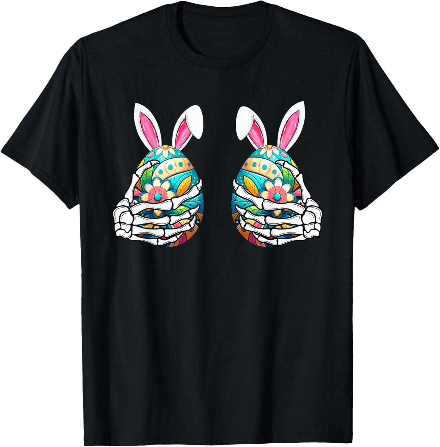 Two Skeleton Hands Holding Colourful Eggs Funny Easter Day T-Shirt - T-Shirt | Black