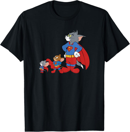 WB100 Tom and Jerry Cast with Superman Costume Group Shot T-Shirt - T-Shirt | Black