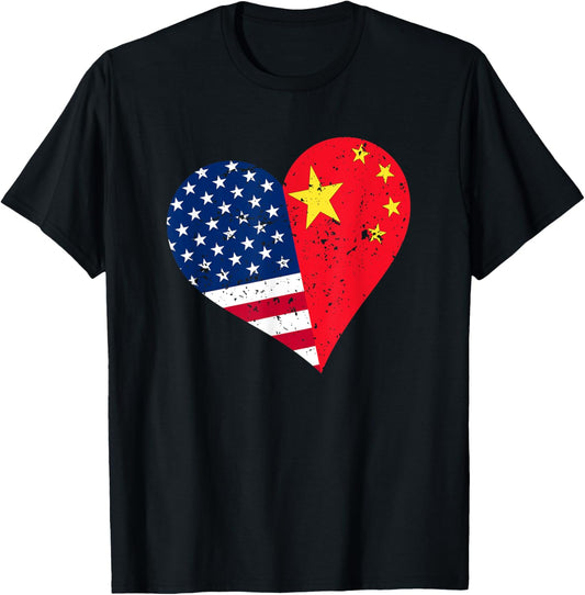 China USA Heart Shirt Distressed Chinese American Flag Kids Men T-Shirt - T-Shirt | Black