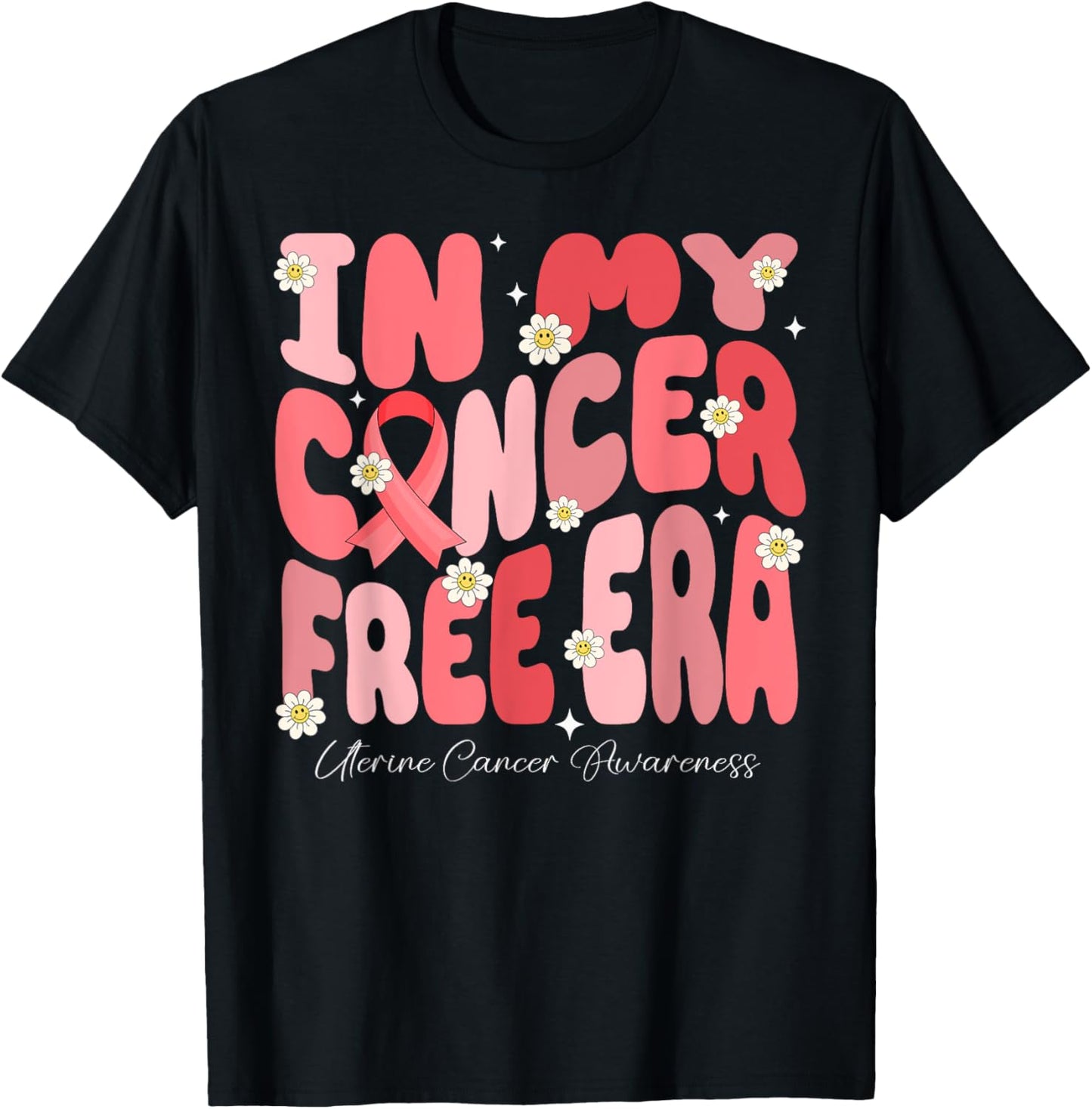 In My Cancer Free Era Uterine Cancer Warrior Groovy Flower T-Shirt - T-Shirt | Black