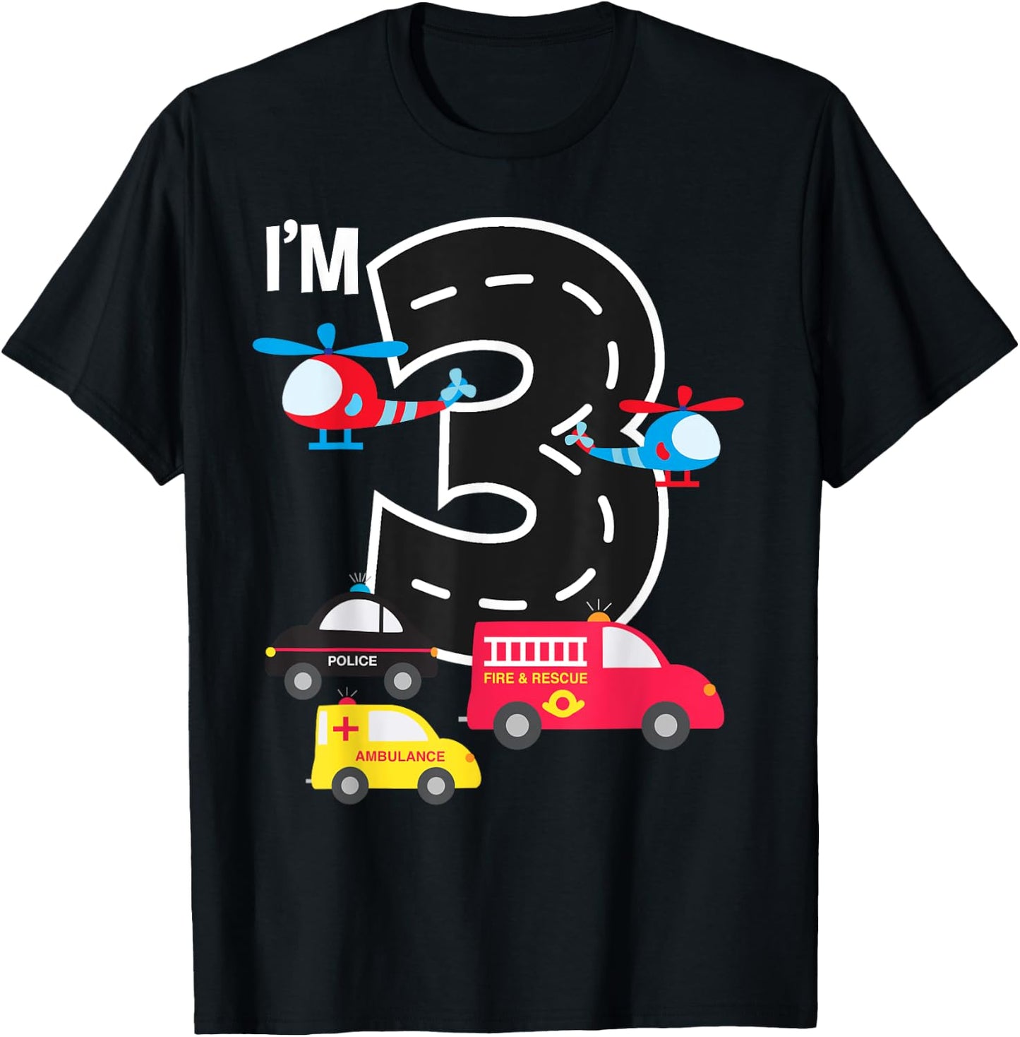 3rd Birthday Fire Truck Police Car Ambulance 3 Year Toddler T-Shirt - T-Shirt | Black