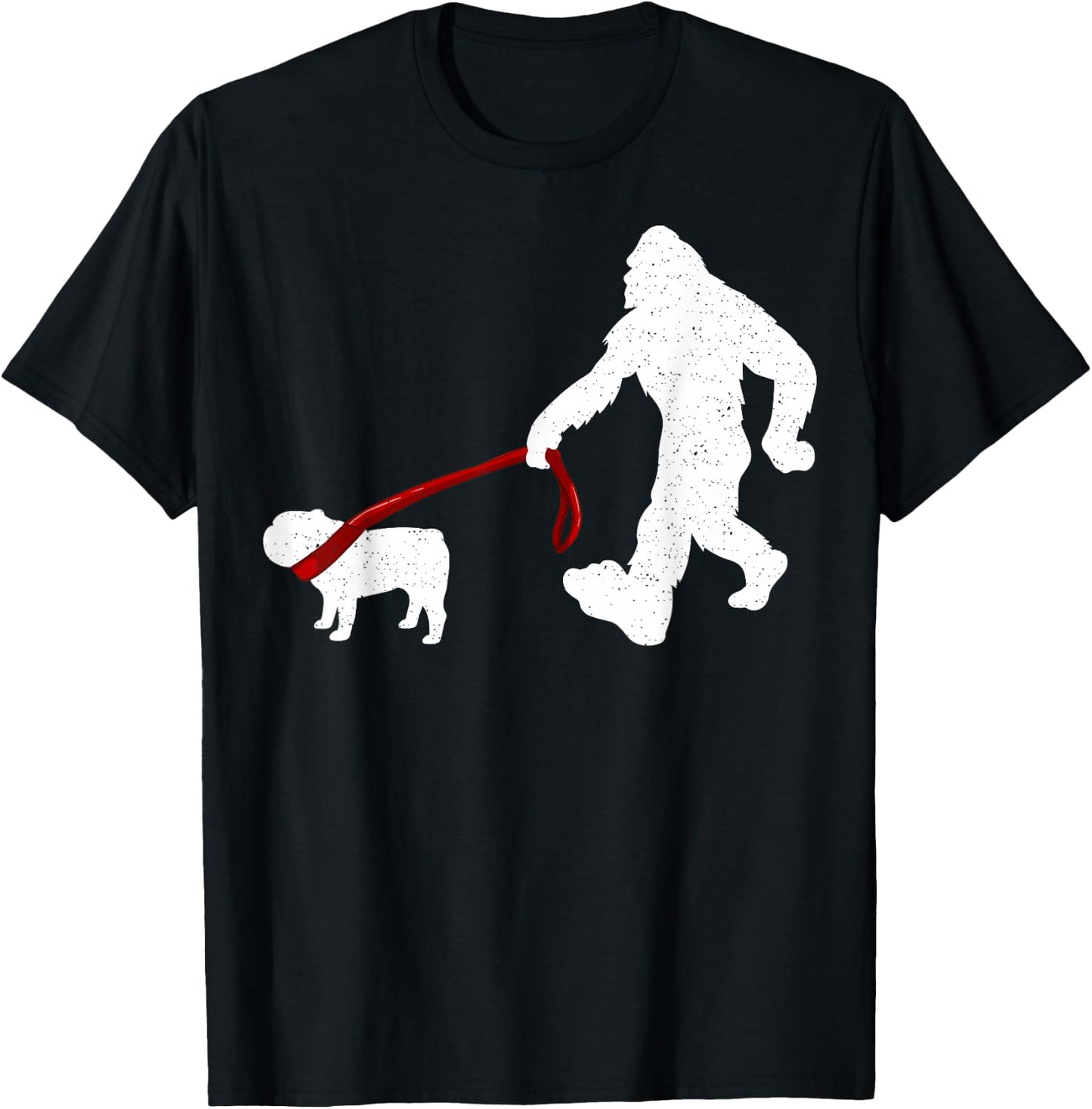 Funny Bigfoot Walking With Bulldog Dog Gifts T-Shirt - T-Shirt | Black