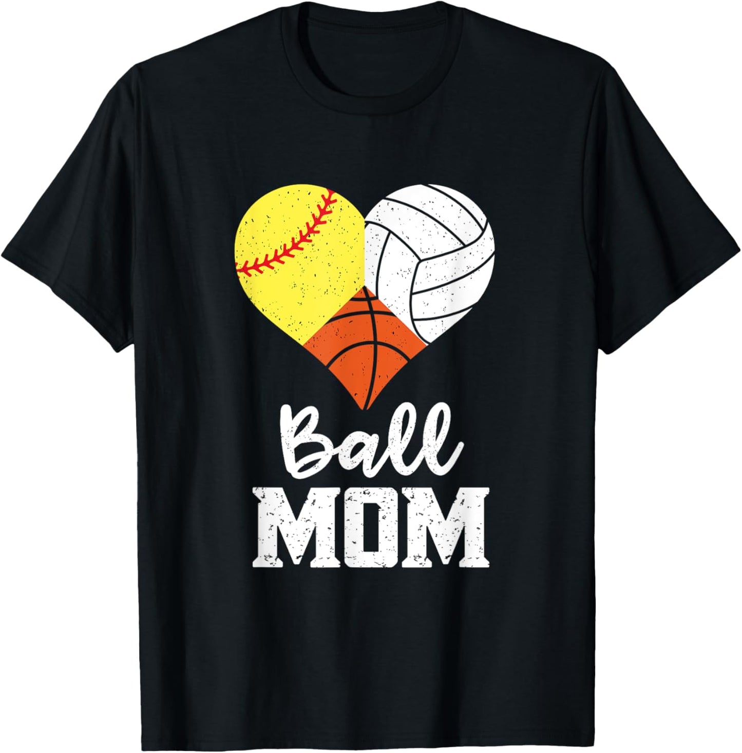 Ball Mom Heart Funny Volleyball Basketball Softball Mom T-Shirt - T-Shirt | Black