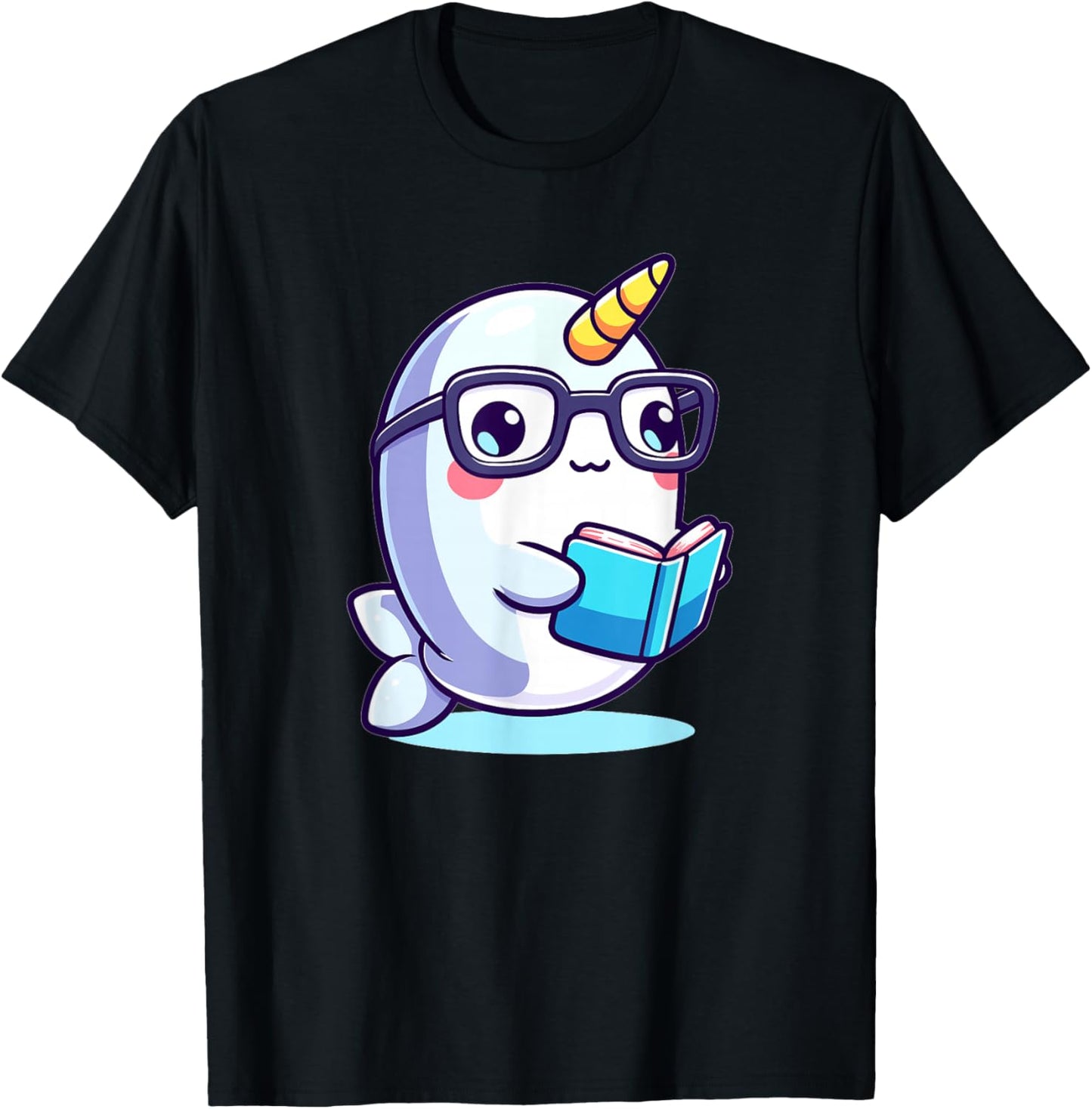 Adorable Book Lover Narwhal With Reading Glasses Cute T-Shirt - T-Shirt | Black