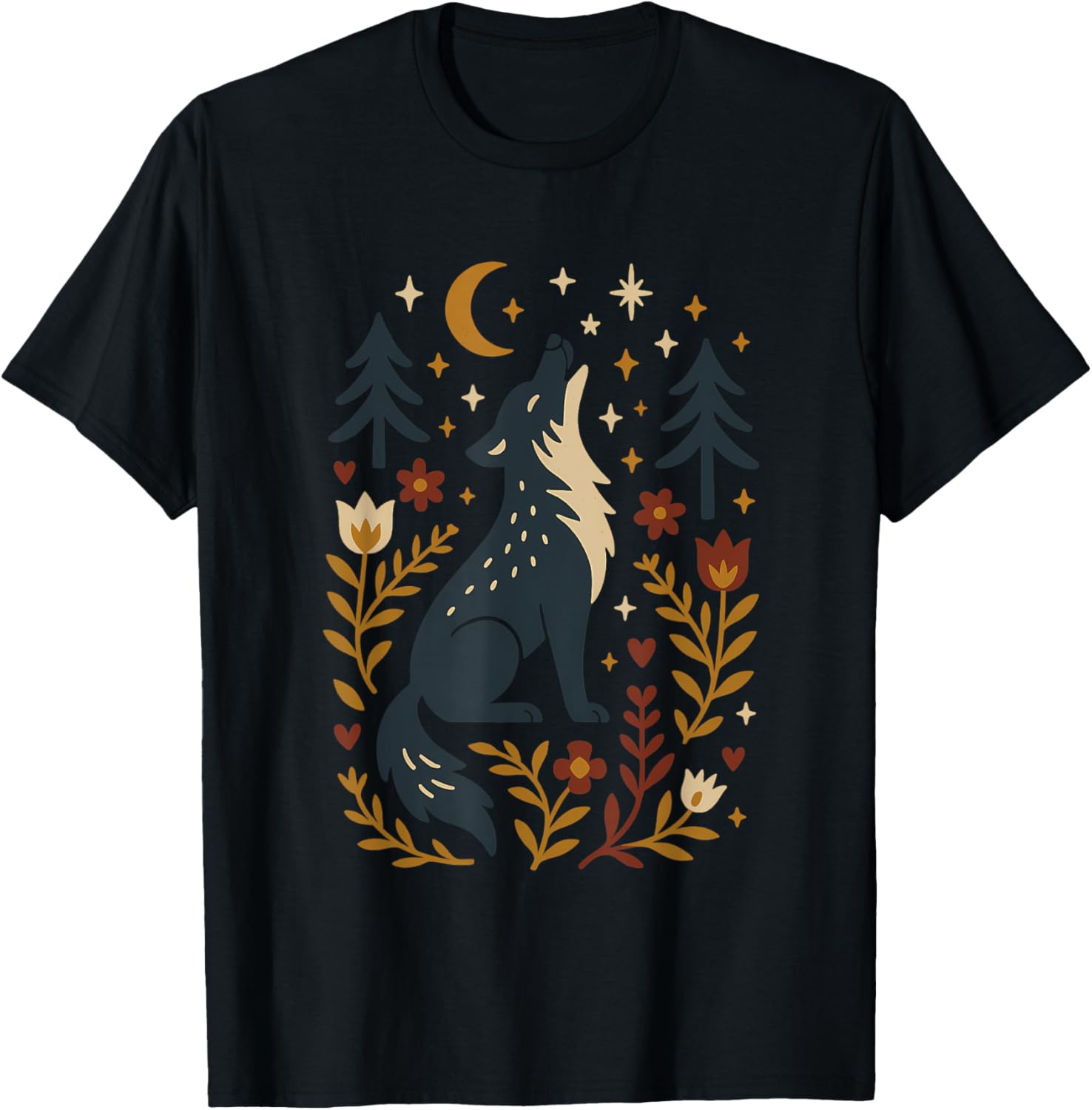 Scandinavian Folk Art Wolf Howling Botanical Floral T-Shirt - T-Shirt | Black
