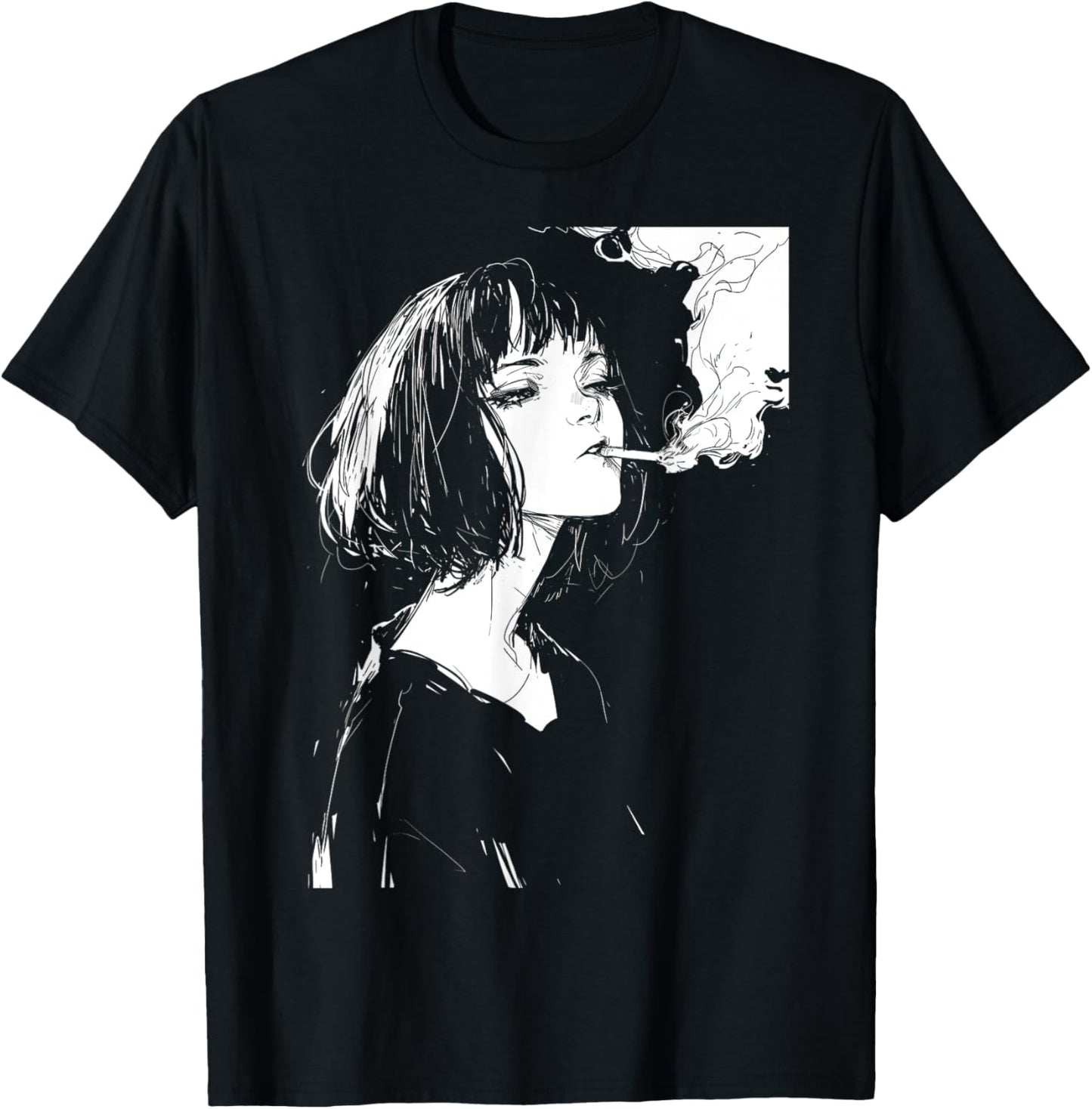 Soft Grunge Kawaii Anime Girl Smoking Waifu Otaku Japanese T-Shirt - T-Shirt | Black
