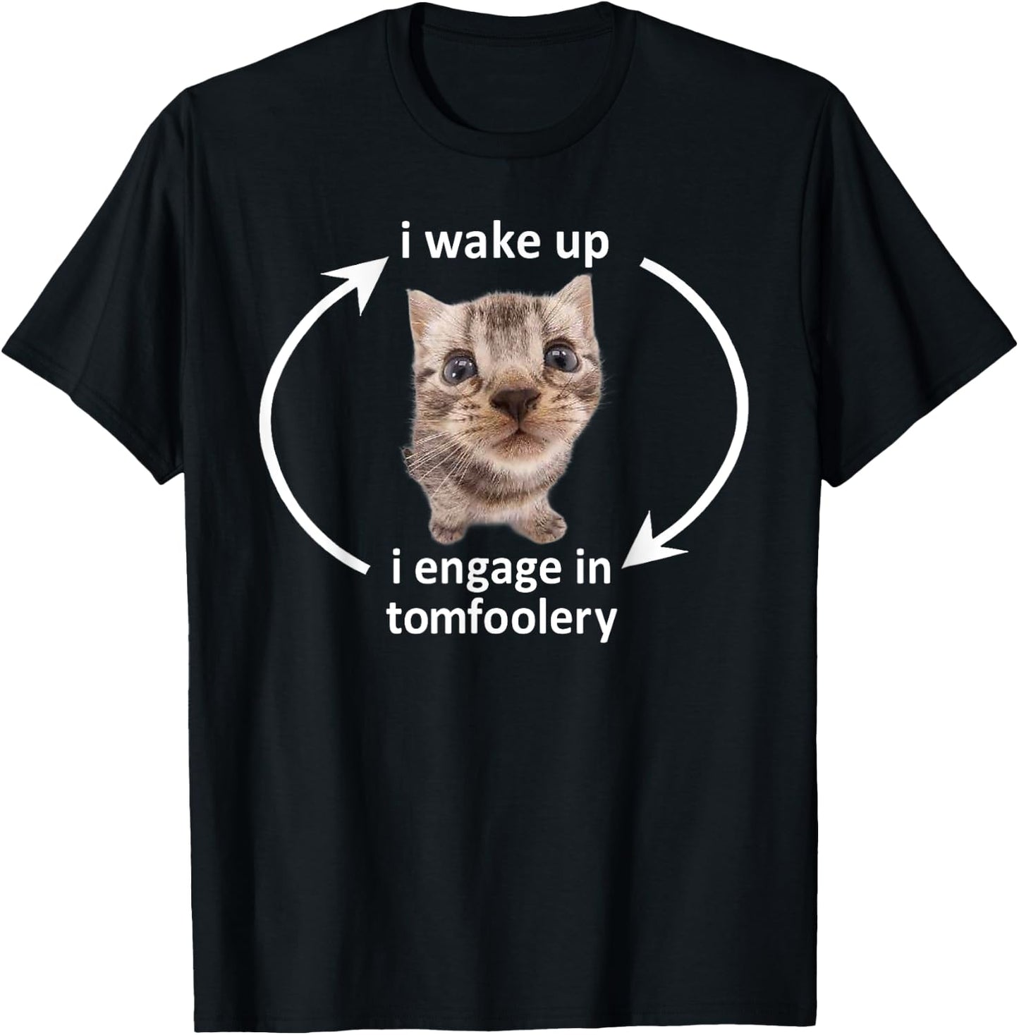 I Wake Up I Engage In Tomfoolery Funny Cat Meme Men Women T-Shirt - T-Shirt | Black
