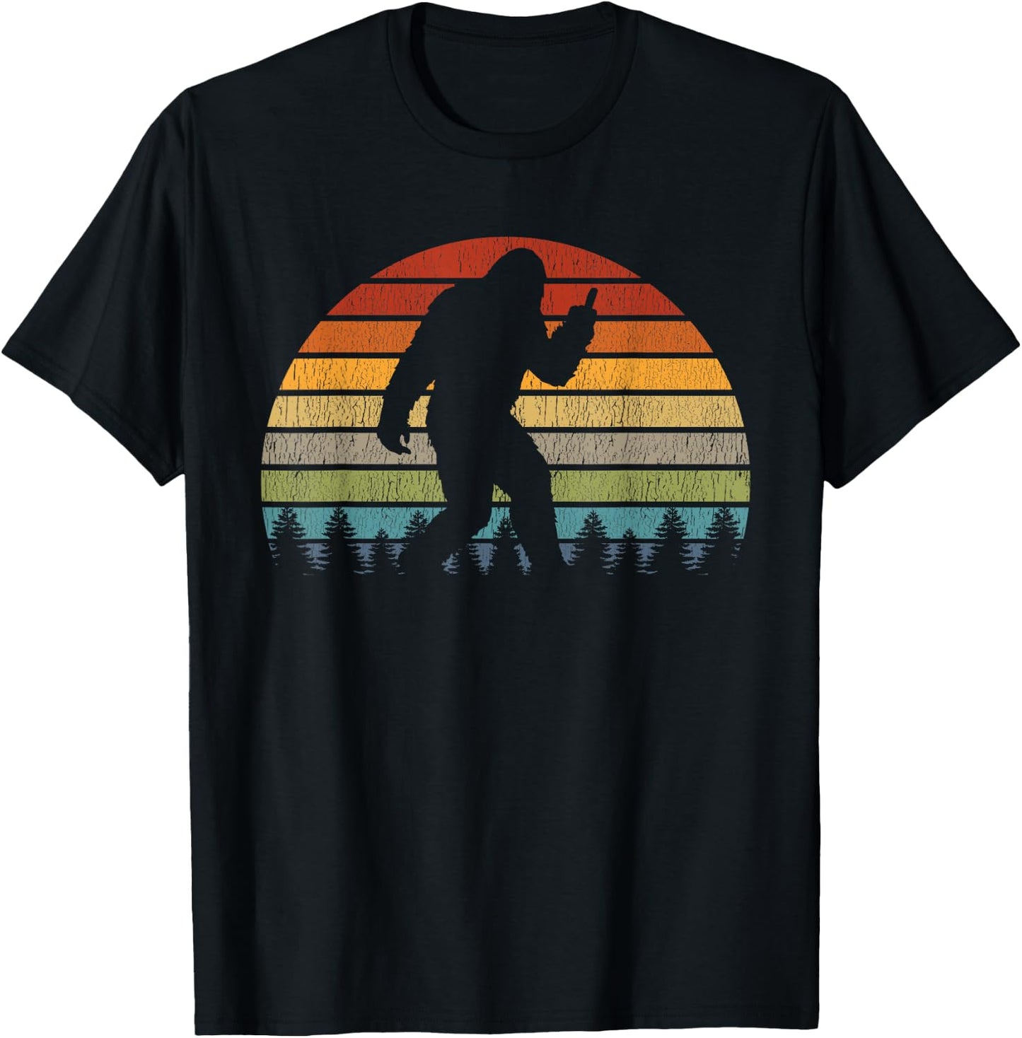 Retro Bigfoot Middle Finger Silhouette Sasquatch Sunset T-Shirt - T-Shirt | Black