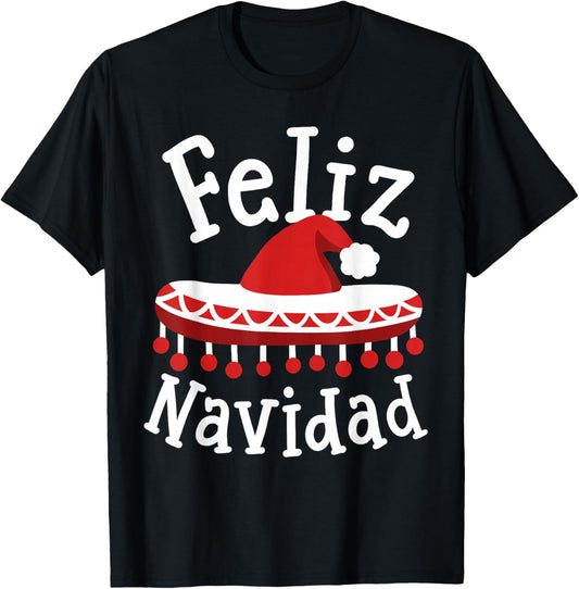 Feliz Navidad Santa Hat Sombrero Spanish Christmas Men Women T-Shirt - T-Shirt | Black