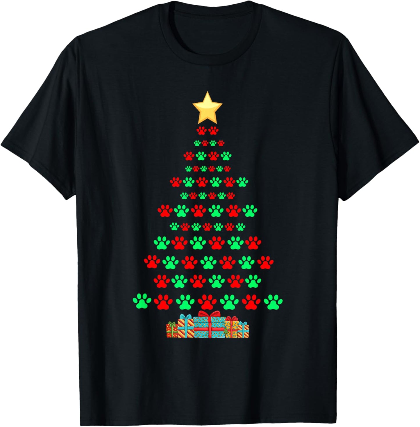 Super Cute Dog Paws Print Christmas Tree T-Shirt - T-Shirt | Black