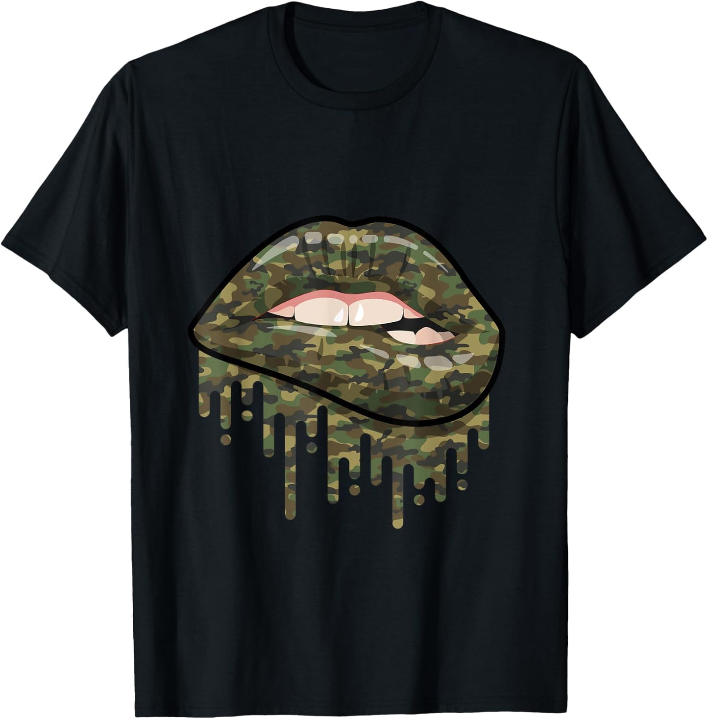 Camouflage Lips Mouth Military Kiss Me Biting Camo Kissing T-Shirt - T-Shirt | Black
