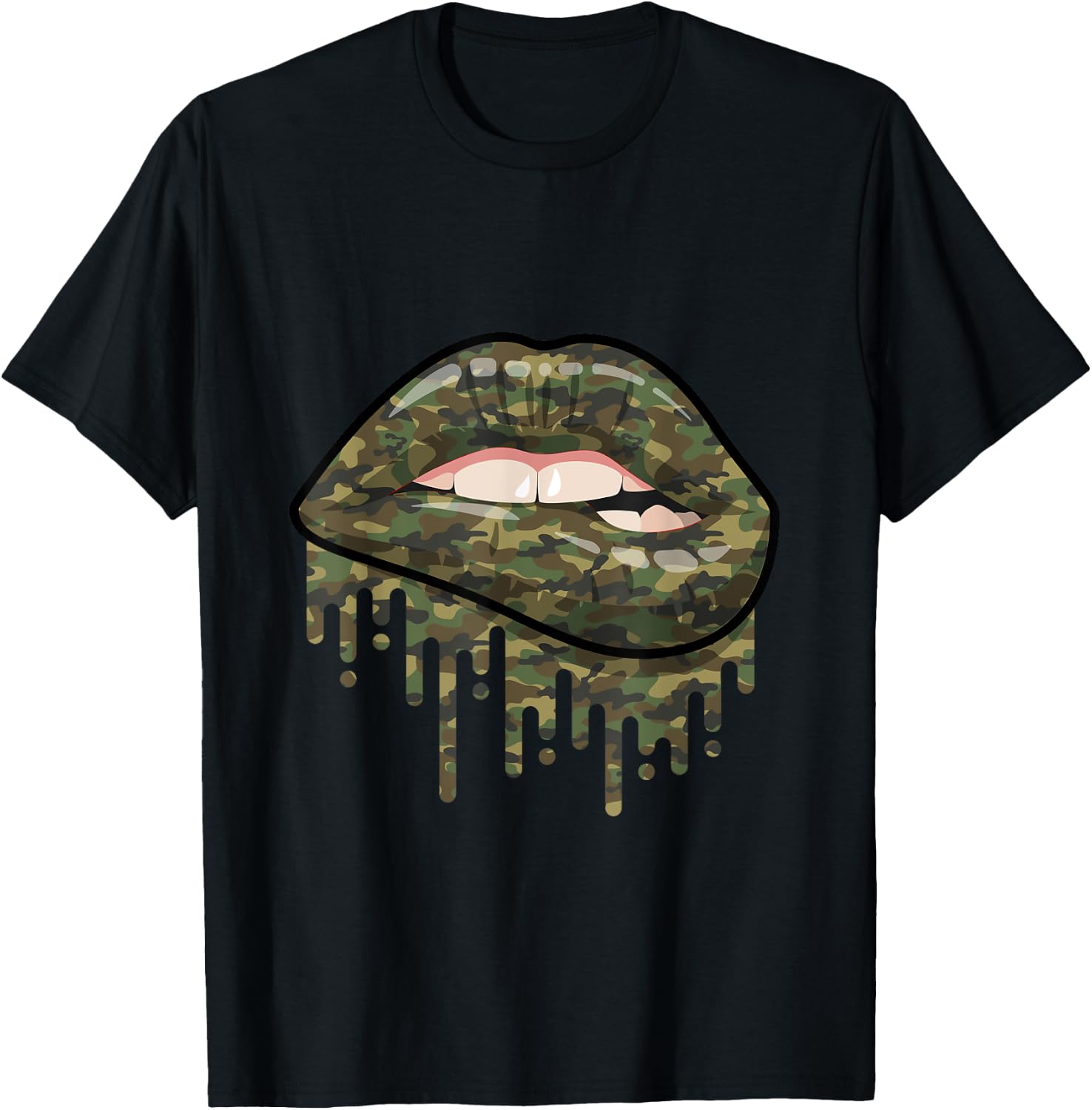 Camouflage Lips Mouth Military Kiss Me Biting Camo Kissing T-Shirt - T-Shirt | Black