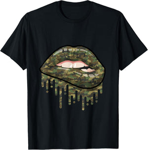 Camouflage Lips Mouth Military Kiss Me Biting Camo Kissing T-Shirt - T-Shirt | Black