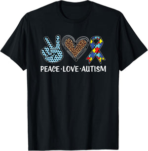 Peace Love Autism Puzzle Pieces Ribbon Autism Awareness T-Shirt - T-Shirt | Black