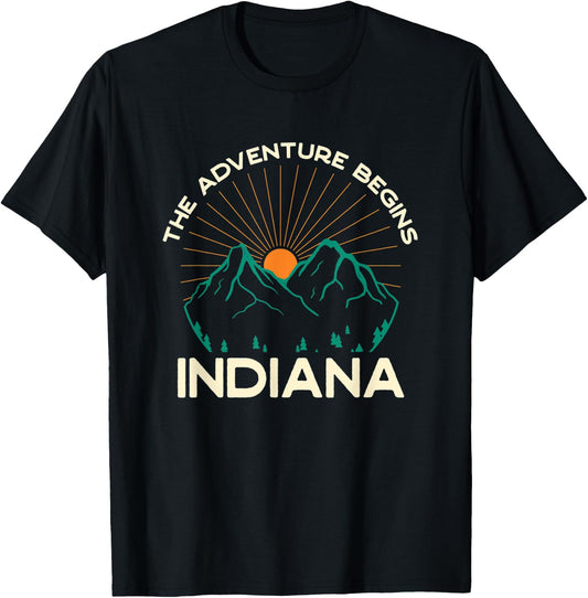 Indiana Souvenir Hiking The Adventure Begins Camping T-Shirt - T-Shirt | Black