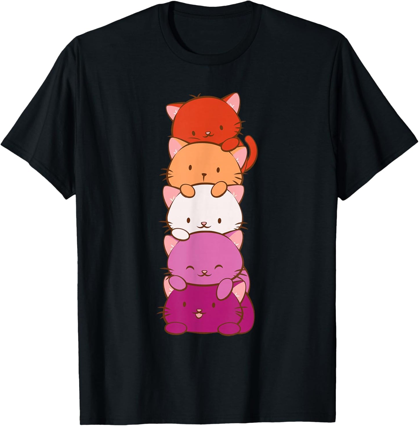 Orange Pink Lesbian Pride Flag Cute Kawaii Cat T-Shirt - T-Shirt | Black