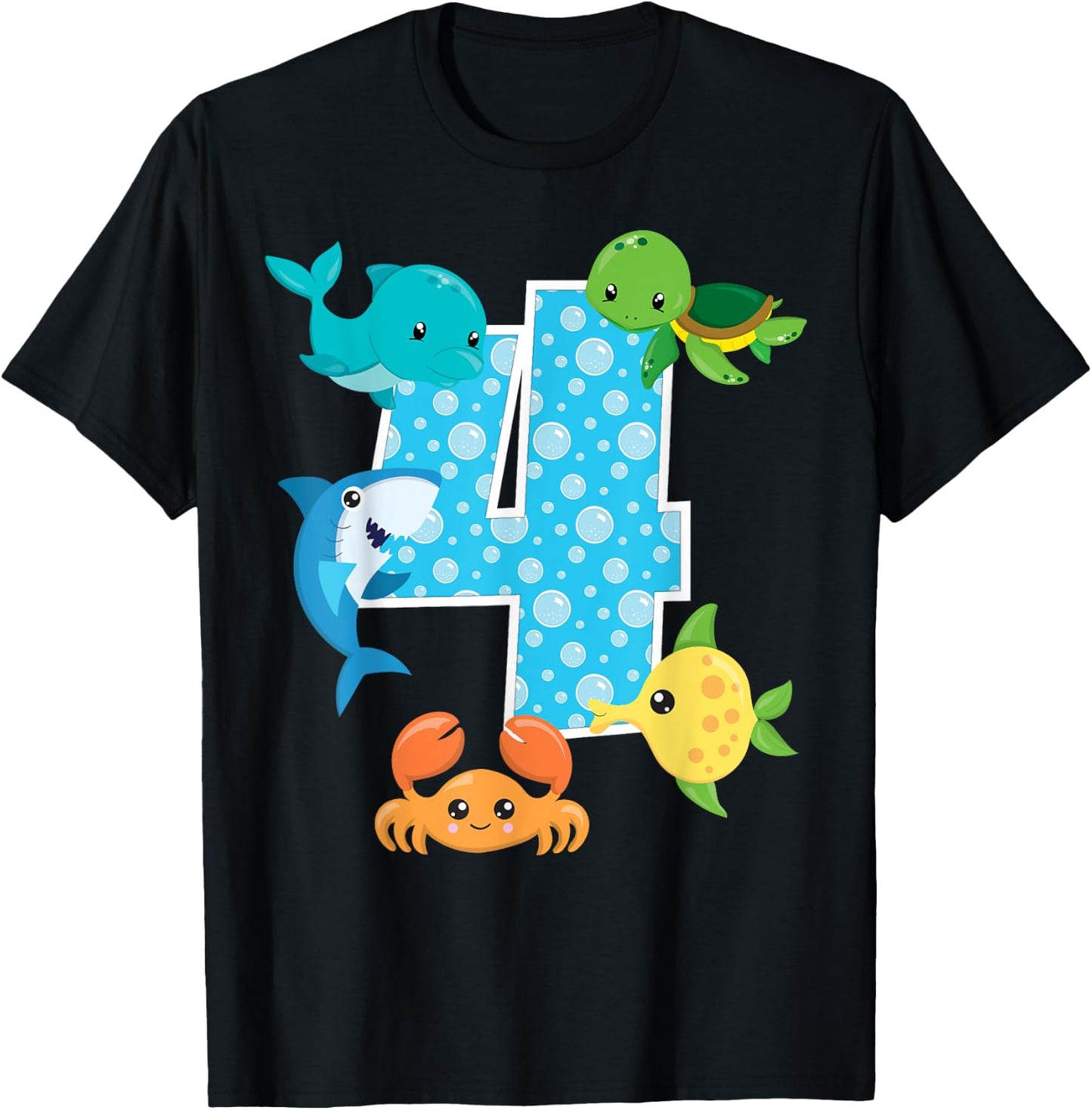 4th Birthday Party 4 Year Old Sea Fish Aquarium Birthday Boy T-Shirt - T-Shirt | Black