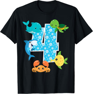 4th Birthday Party 4 Year Old Sea Fish Aquarium Birthday Boy T-Shirt - T-Shirt | Black