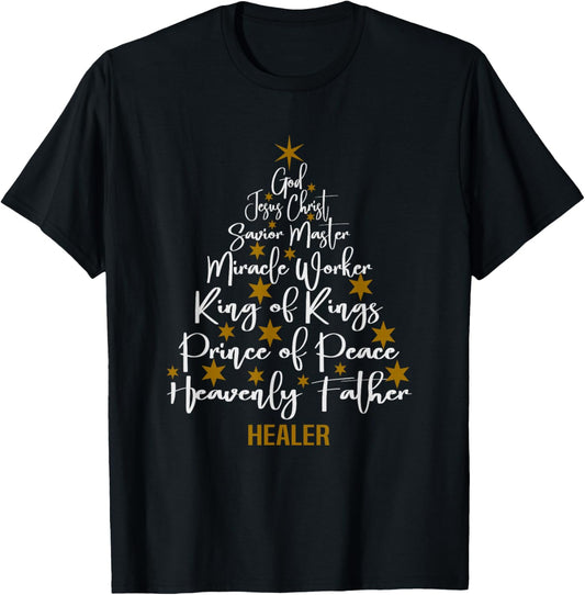 Christmas Bible Names of Jesus Tree Shaped Motivational T-Shirt - T-Shirt | Black