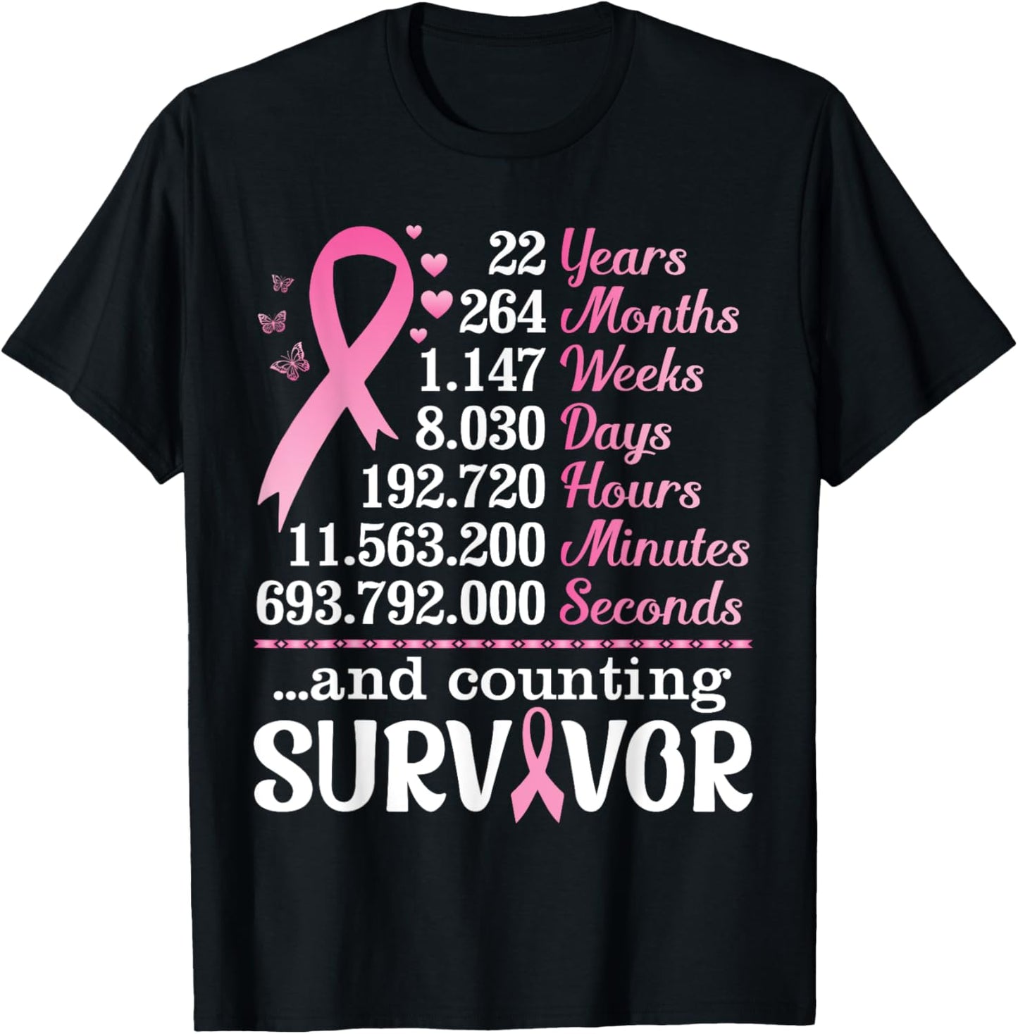 22 Years 264 Months Fighting Breast Cancer Counting Survivor T-Shirt - T-Shirt | Black