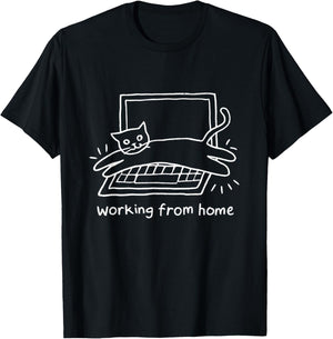 Working From Home Funny Cat and Laptop Cats Meme T-Shirt - T-Shirt | Black
