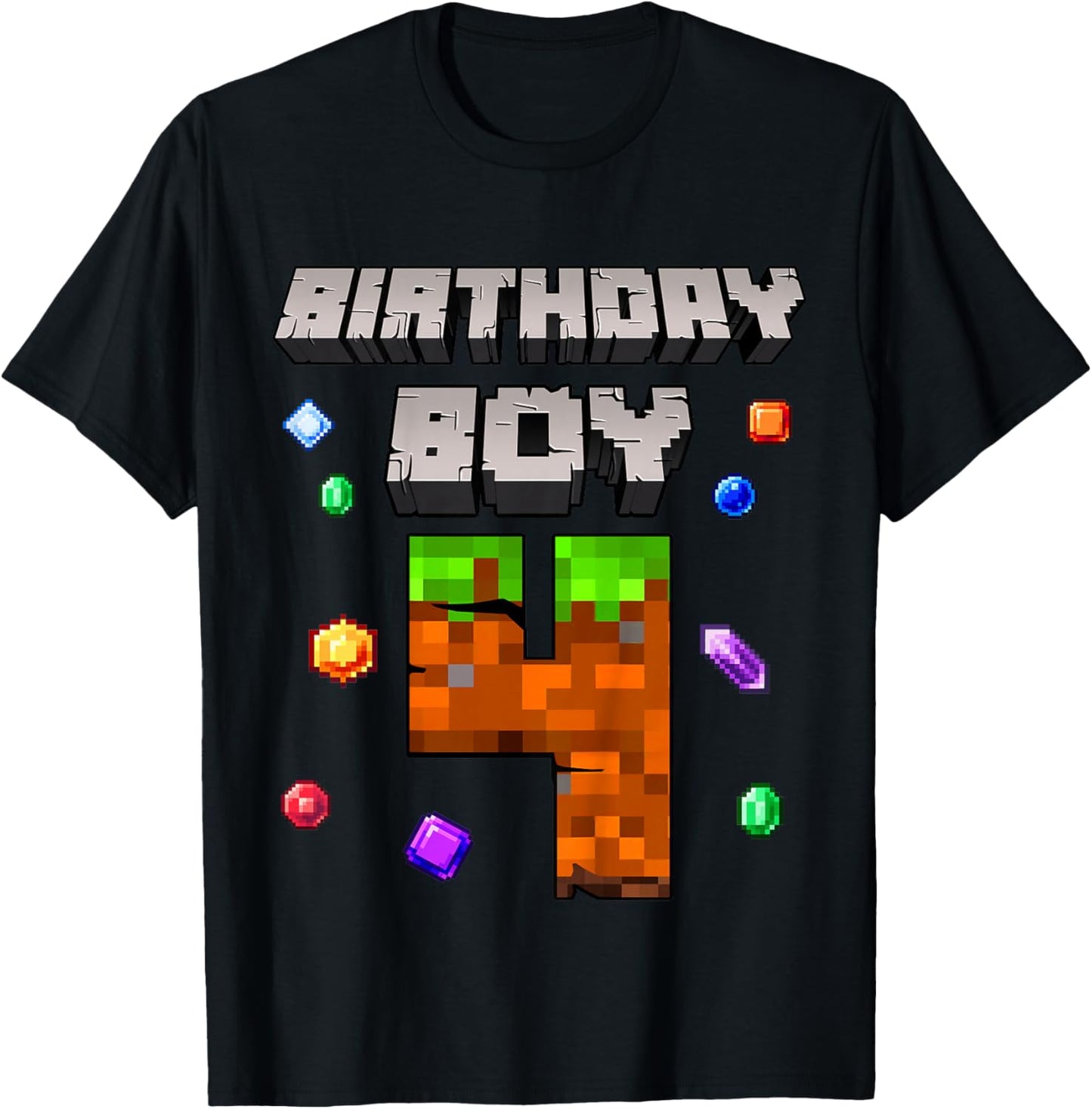 Kids 4th Birthday Boy 4 Video Gamer Pixel Number Four Bday Party T-Shirt - T-Shirt | Black