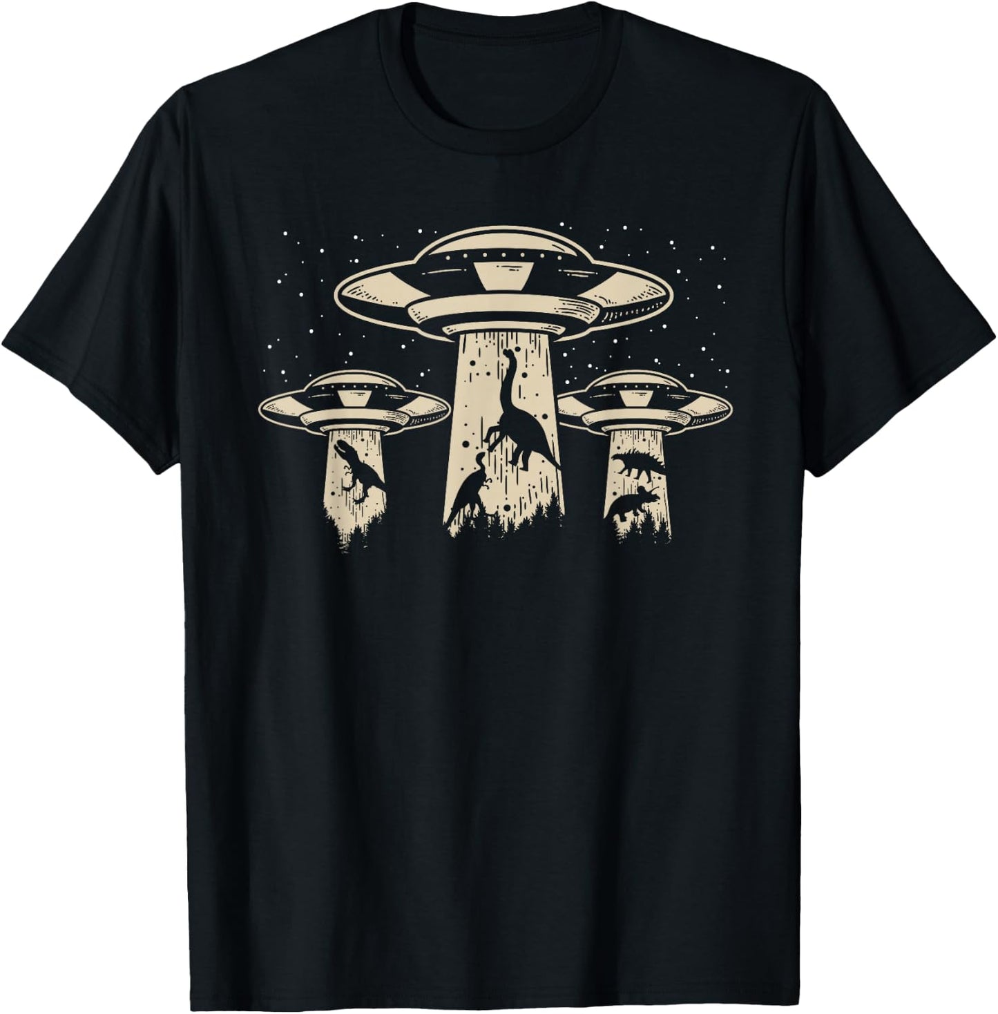 Wowsome! Alien UFO Abduction Dinosaur - -Adults/Kids - Black - Short Sleeve - Classic Fit - Cotton/Polyester - Machine Wash - Small T-Shirt - T-Shirt | Black