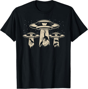 Wowsome! Alien UFO Abduction Dinosaur - -Adults/Kids - Black - Short Sleeve - Classic Fit - Cotton/Polyester - Machine Wash - Small T-Shirt - T-Shirt | Black