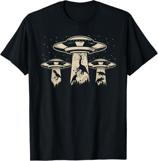 Wowsome! Alien UFO Abduction Dinosaur - -Adults/Kids - Black - Short Sleeve - Classic Fit - Cotton/Polyester - Machine Wash - Small T-Shirt - T-Shirt | Black