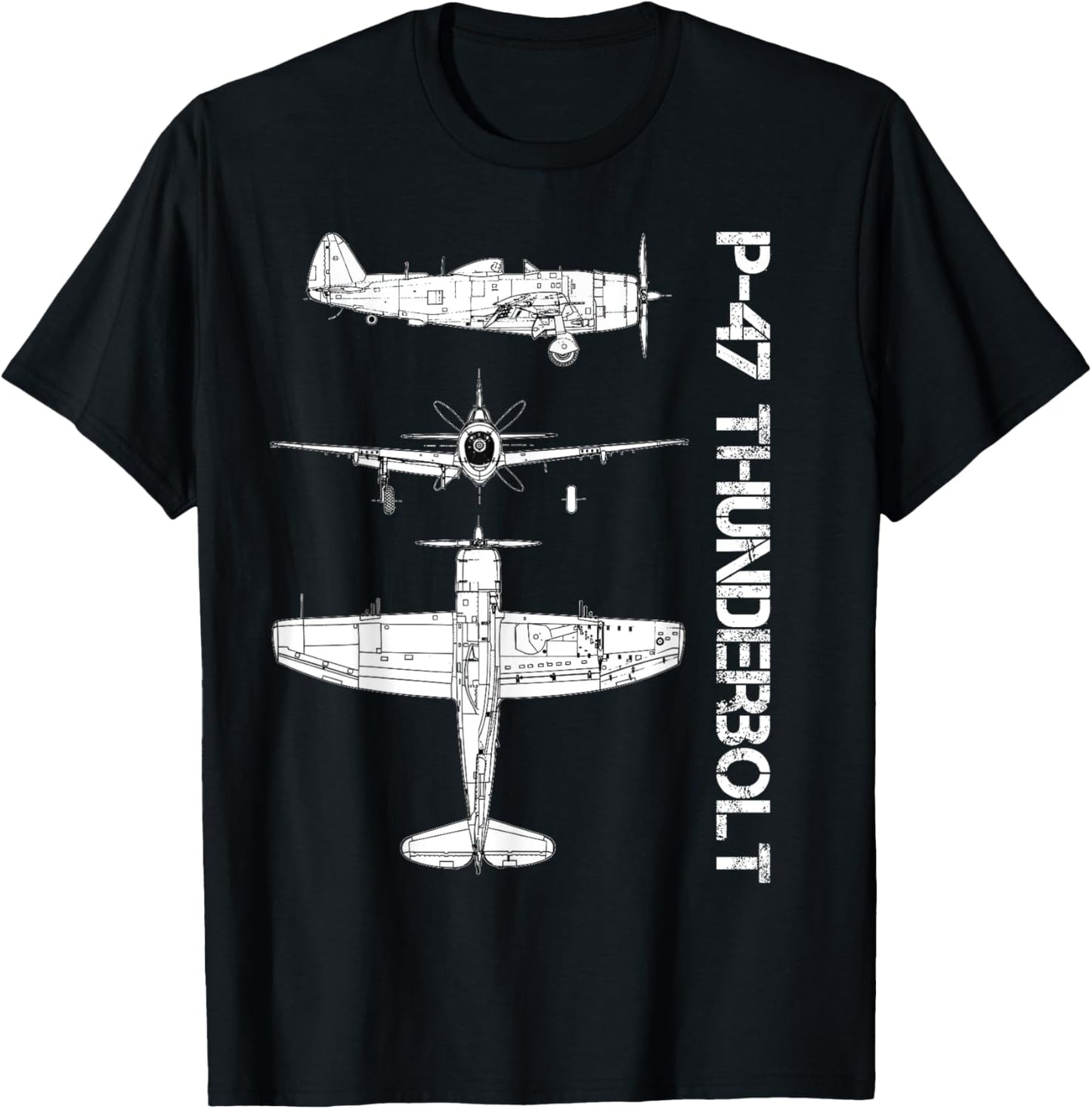 P47 Thunderbolt WW2 Fighter Airplane Blueprint T-Shirt - T-Shirt | Black