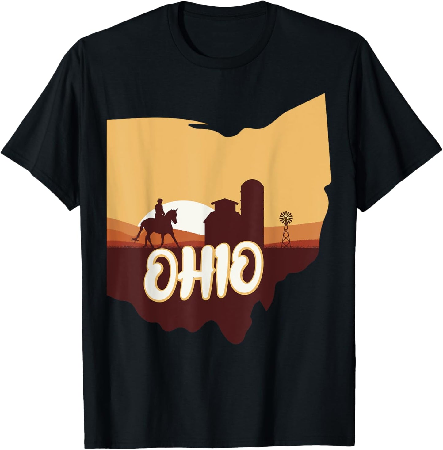 Ohio Map Horse Riding Cowboy Barn Windmill Ohio Souvenirs T-Shirt - T-Shirt | Black