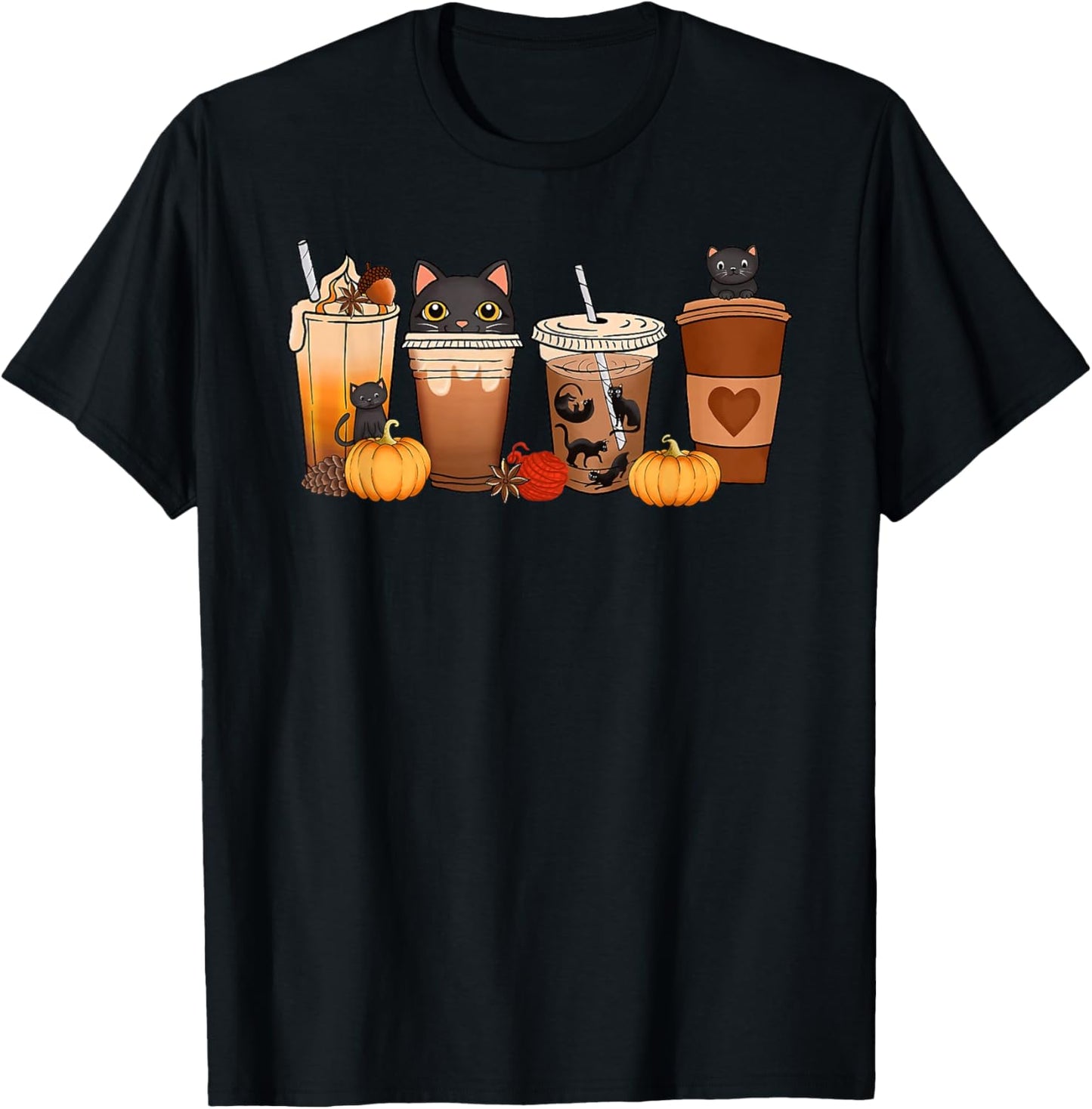 Black Cat Halloween Iced Coffee Cups Fall Pumpkin Kitten Women Kids T-Shirt - T-Shirt | Black