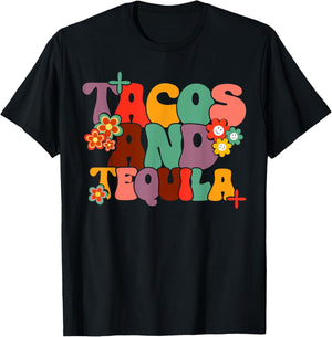 Tacos And Tequila Cinco De Mayo Groovy Mexican Drinking T-Shirt - T-Shirt | Black