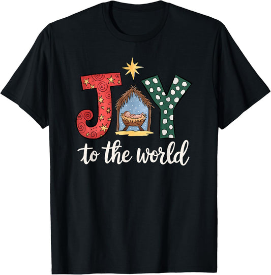 Dibble Dabble Designs Christmas Nativity - -Adults & Kids - Black - Small - Short Sleeve - Modern Artistic - JOY to the World with Jesus in the Manger T-Shirt - T-Shirt | Black