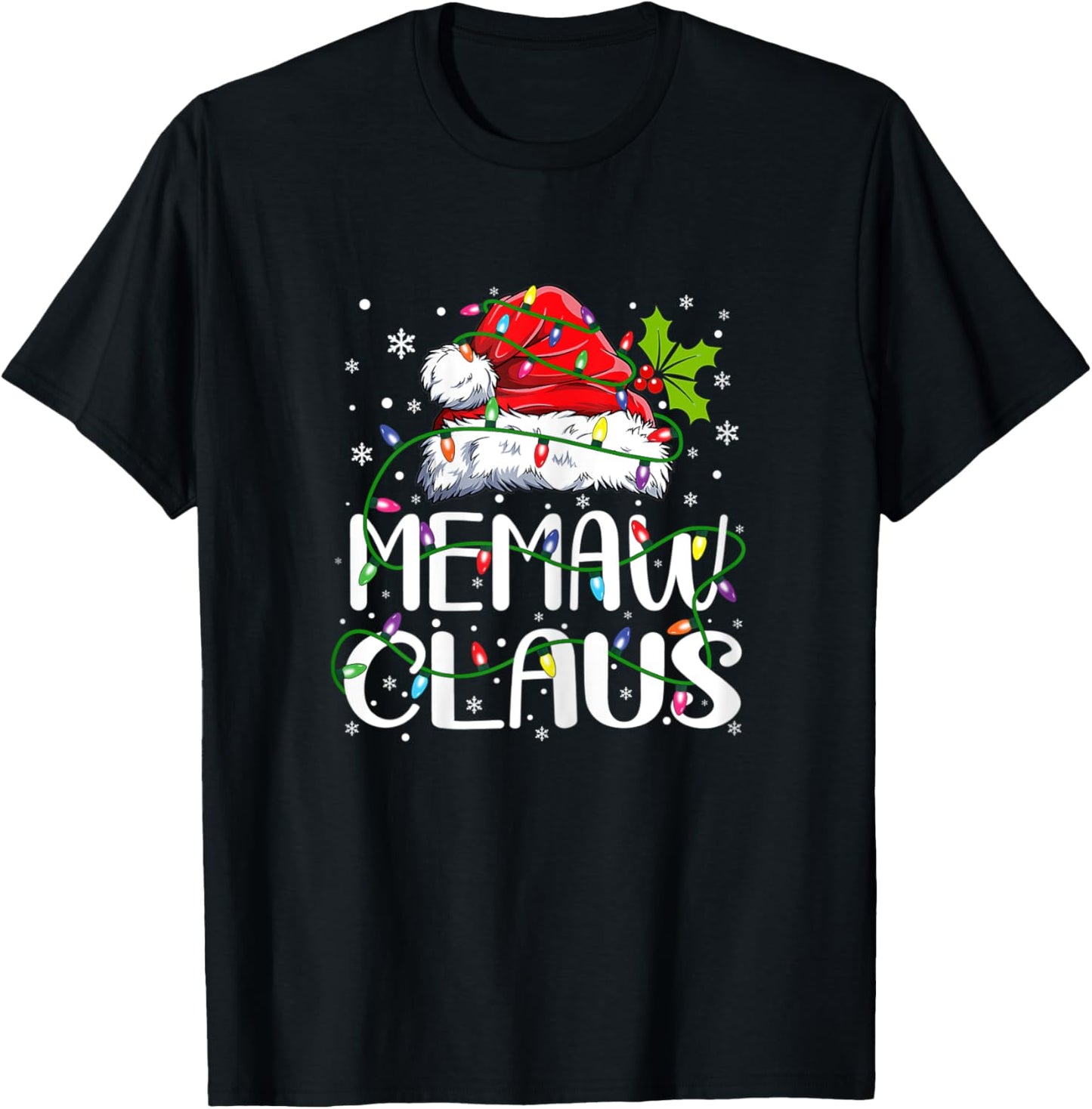 Memaw Claus Christmas Santa Hat Matching Family Xmas Lights T-Shirt - T-Shirt | Black