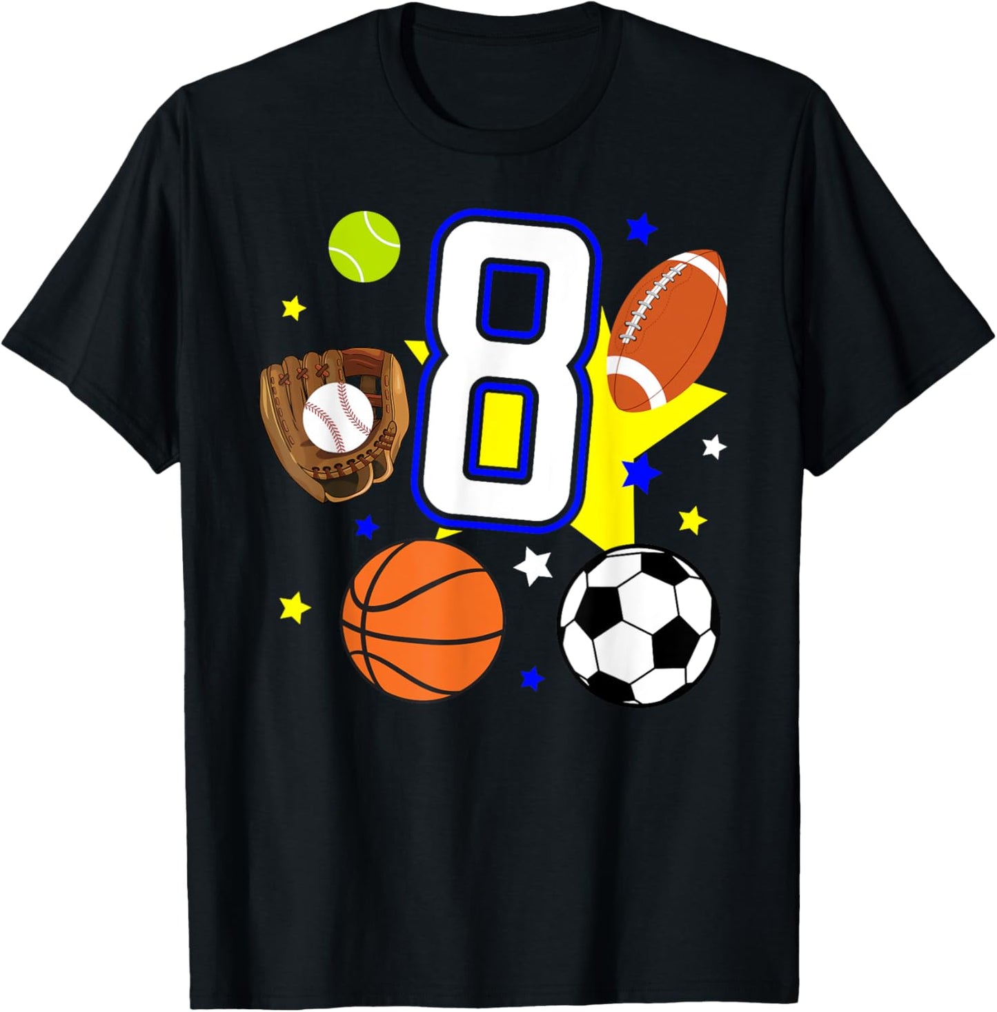 8th Birthday Sports Birthday Theme 8 Year Old Boy T-Shirt - T-Shirt | Black