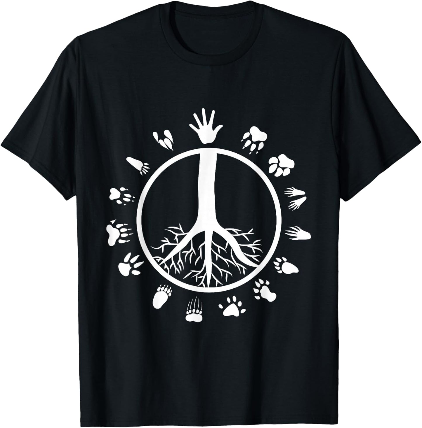 Peace Sign Tree Roots Animal Footprints Vegan T-Shirt - T-Shirt | Black