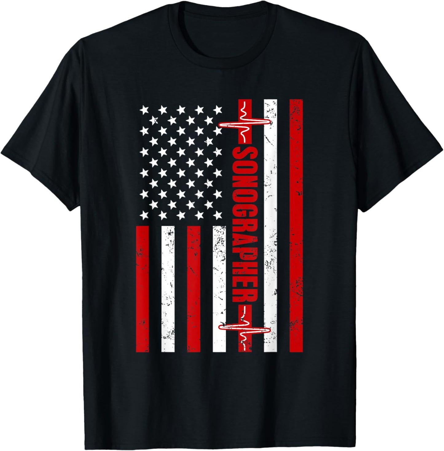 Patriotic Medical Sonographer American flag Heartbeat USA T-Shirt - T-Shirt | Black