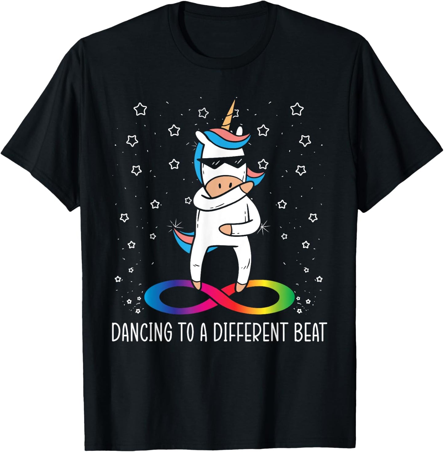 Dancing To A Different Beat Neurodiversity Unicorn Rainbow T-Shirt - T-Shirt | Black