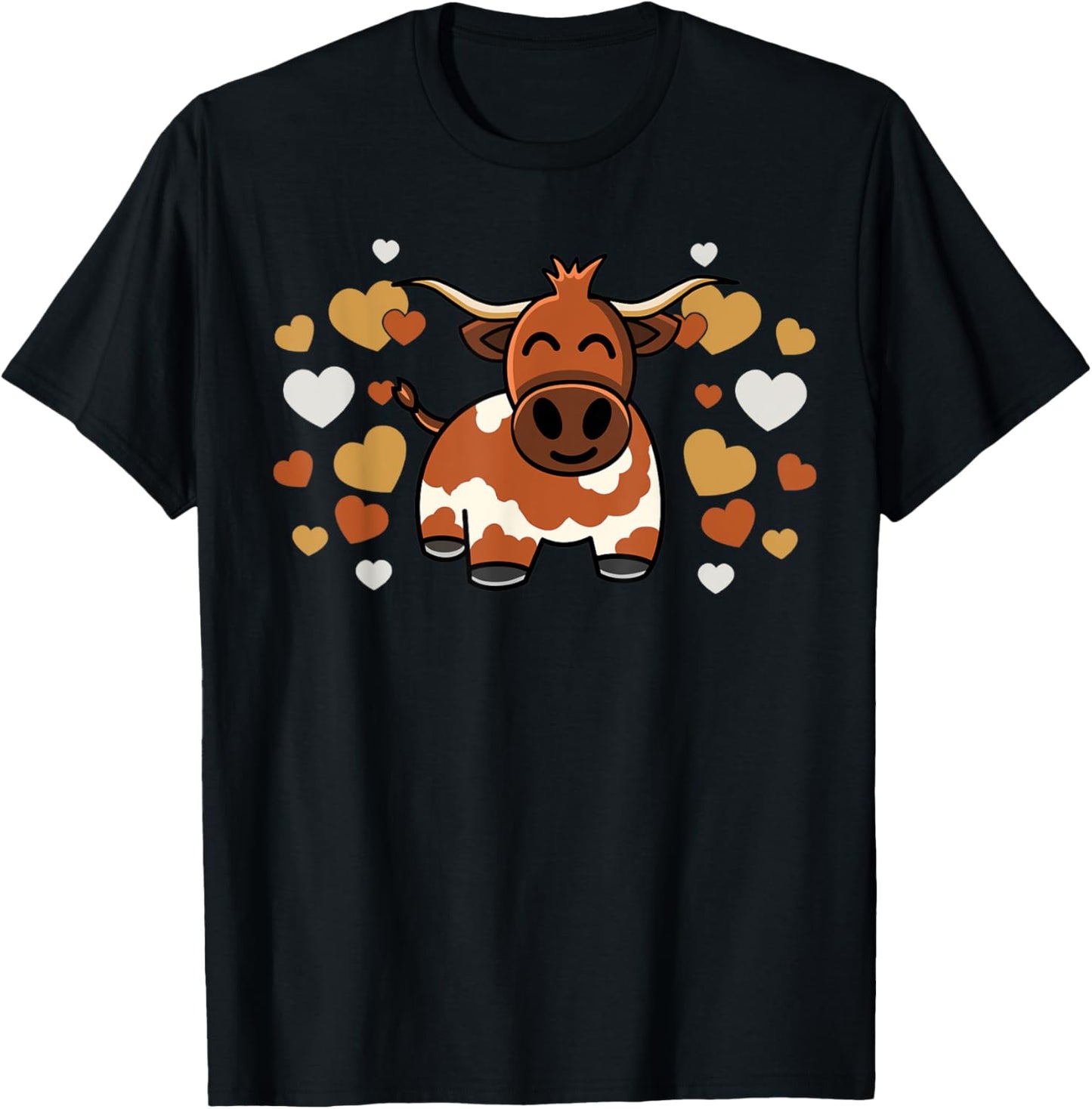 Cute Longhorn Cow With Hearts for Longhorn Cow Lovers T-Shirt - T-Shirt | Black