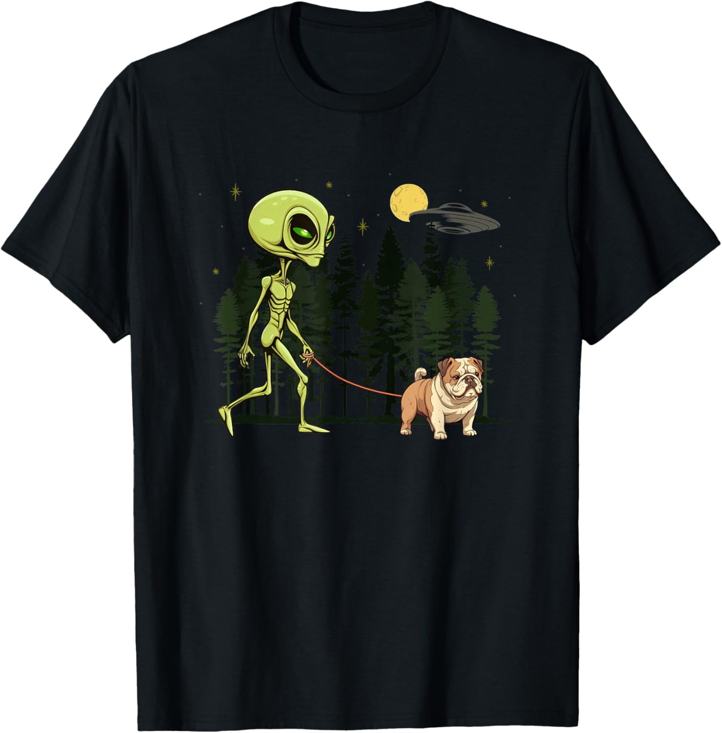 Funny English Bulldog Alien Walking UFO Pet Dog Mom Dad T-Shirt - T-Shirt | Black