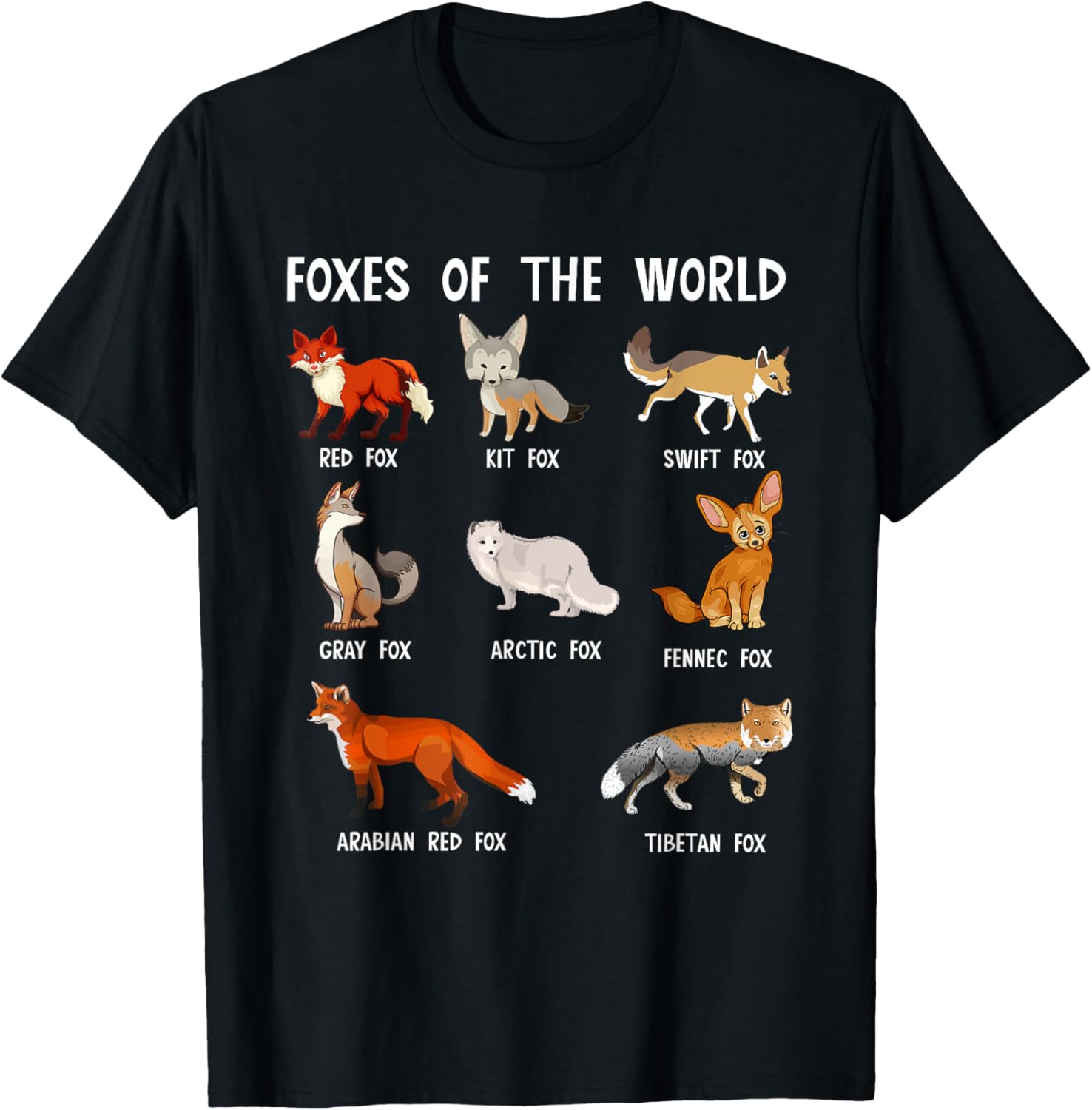 Fox Types Animal Cute Foxes Of The World T-Shirt - T-Shirt | Black