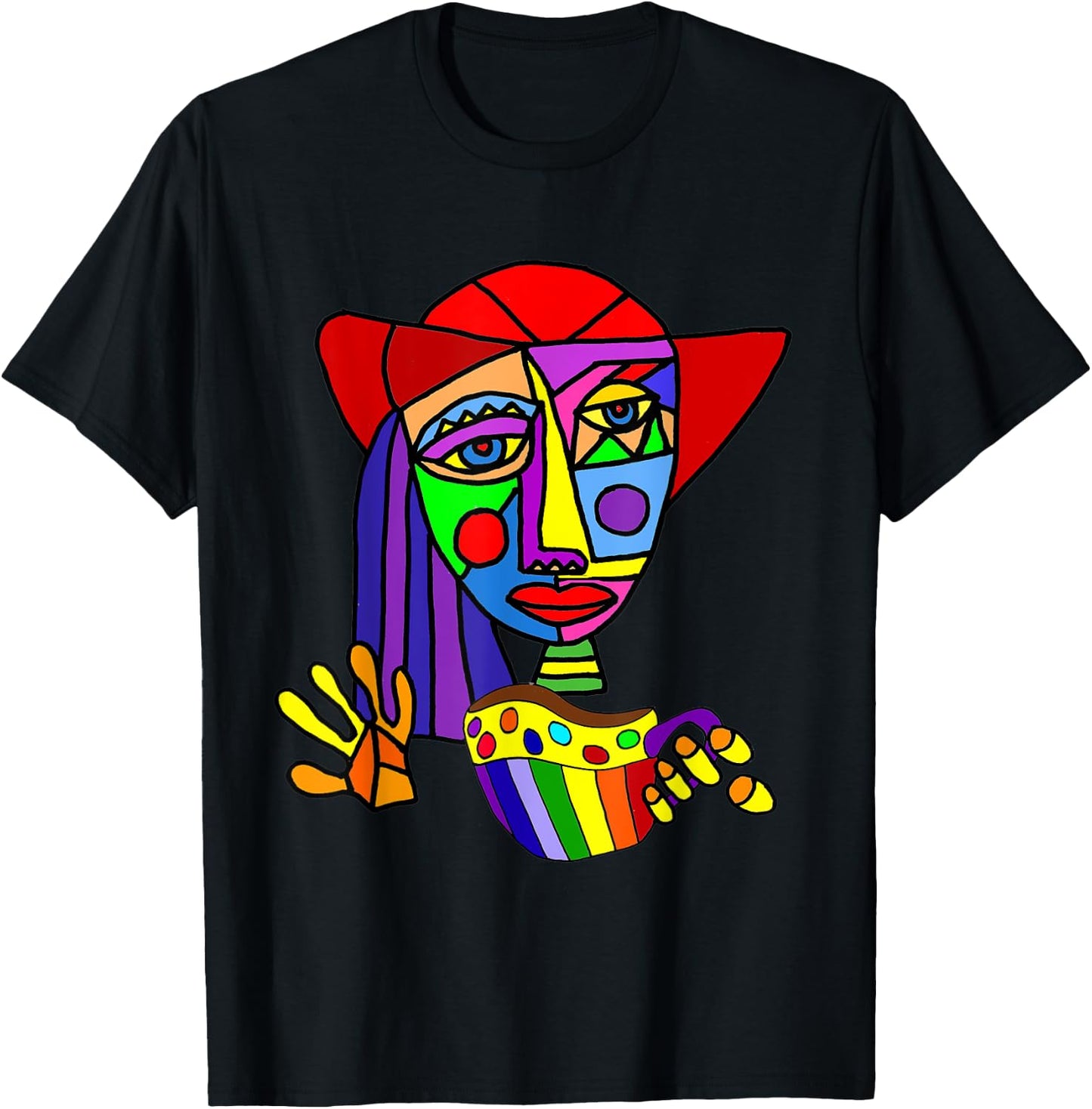 Smileteesfunny Funny Woman Drinking Coffee Cubism Art T-Shirt - T-Shirt | Black