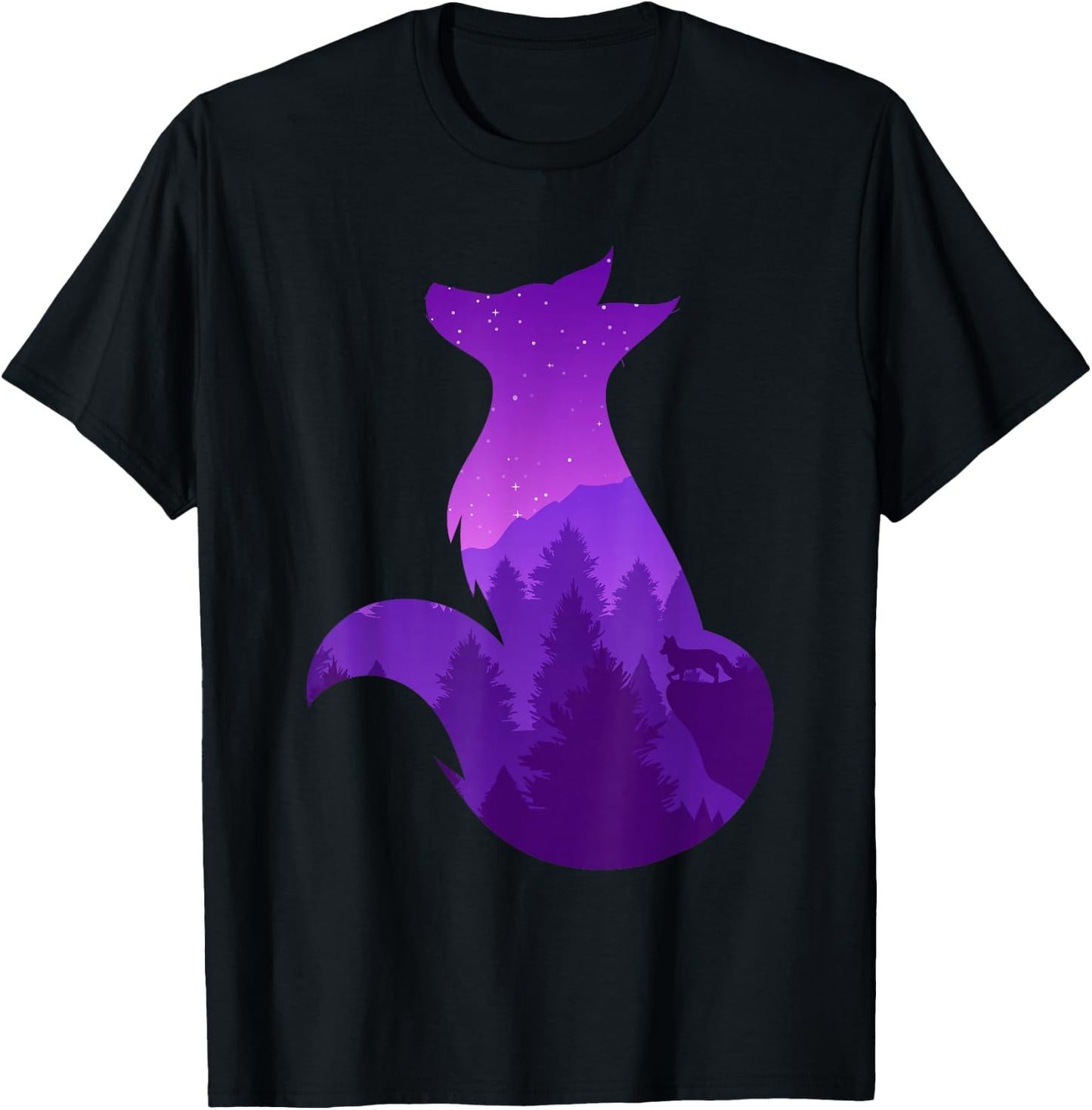 Night Wildlife Animal Galaxy Forest Nature Trees Stars Fox T-Shirt - T-Shirt | Black