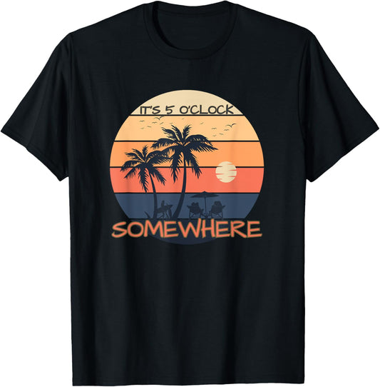 It's 5 O’clock Somewhere Retro Sunset Beach Summer T-Shirt - T-Shirt | Black