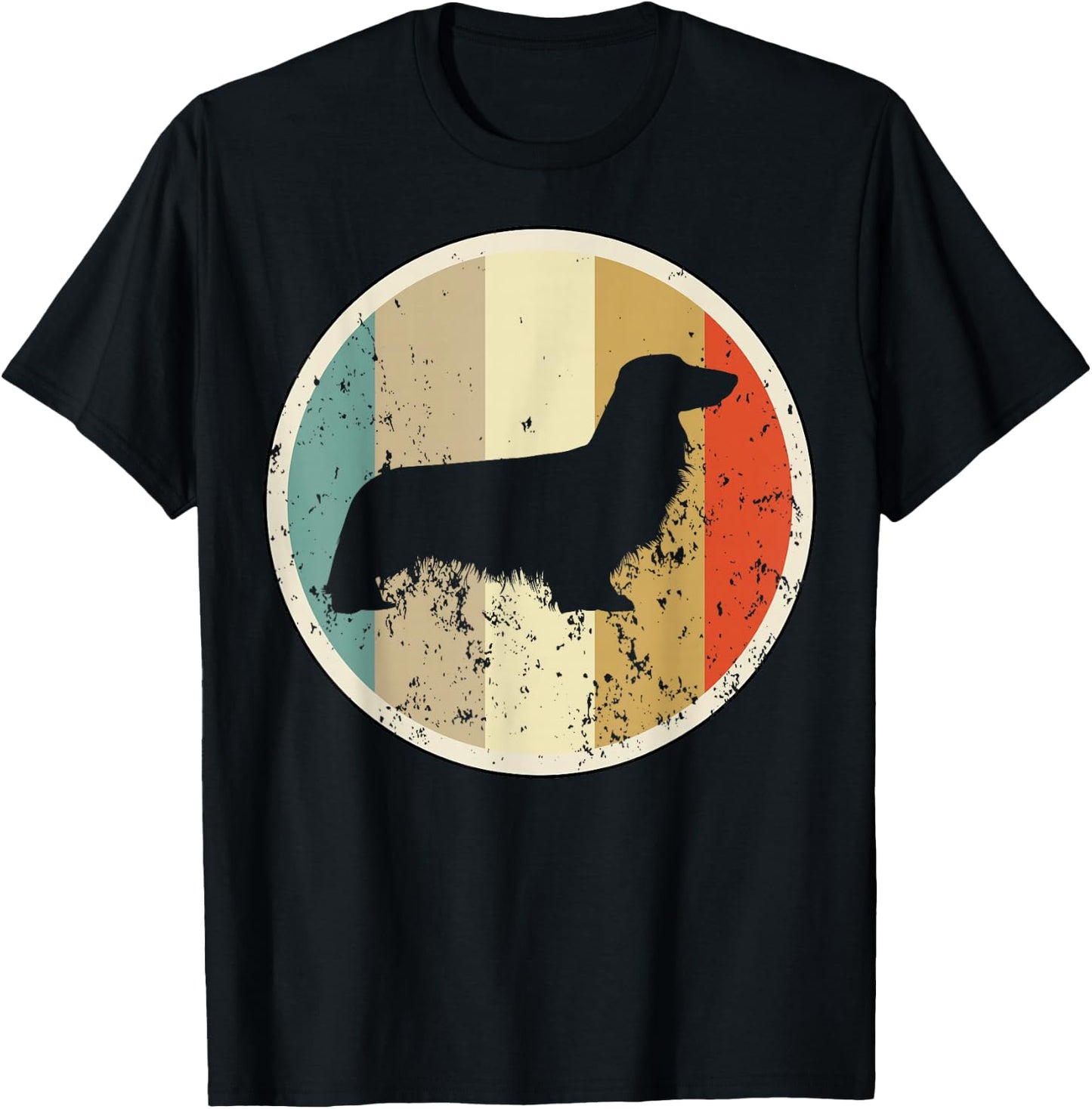 Retro Vintage Grunge Style Long haired Dachshund Dog T-Shirt - T-Shirt | Black