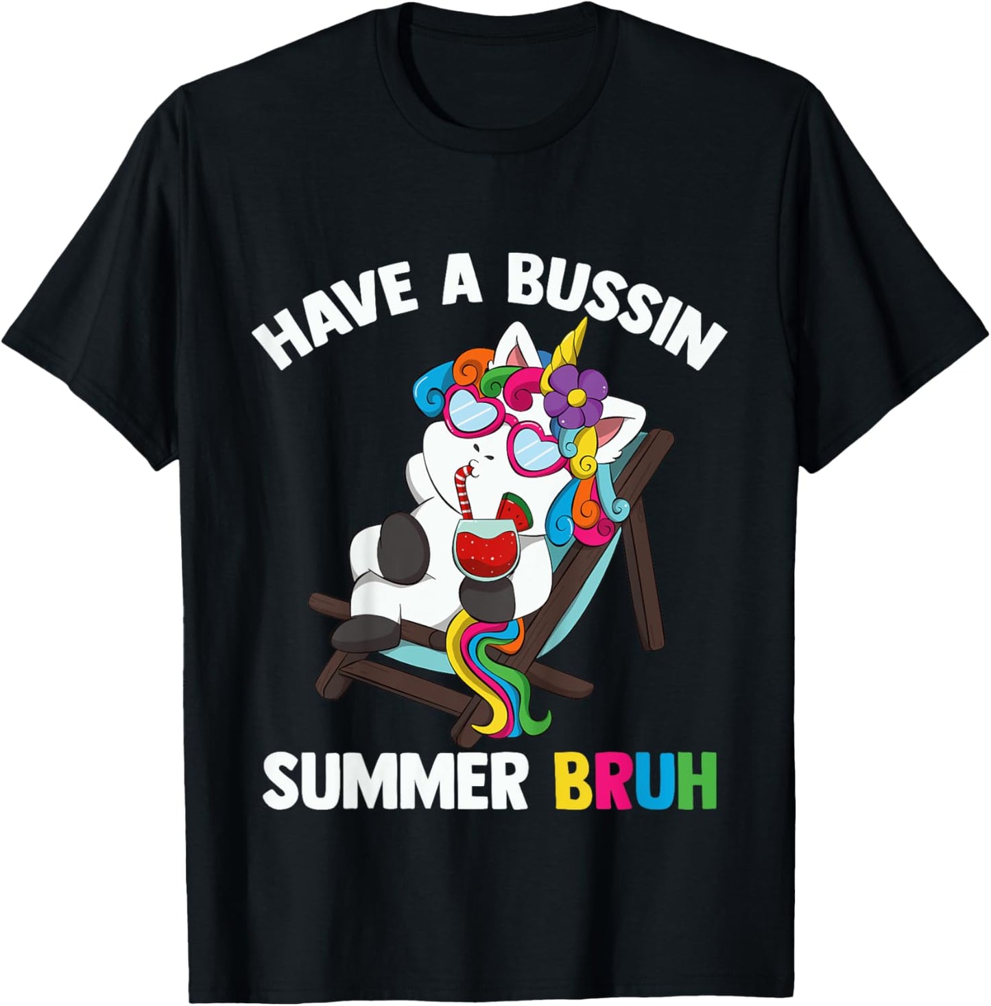 Kids Have A Bussin Summer Bruh Unicorn For Kid Last Day Of School T-Shirt - T-Shirt | Black