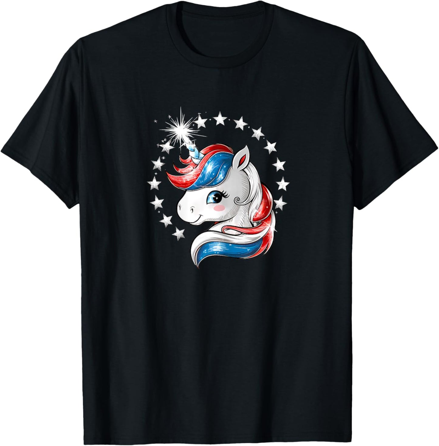Patriotic Unicorn 4th of July Red White Blue Stars Girls T-Shirt - T-Shirt | Black