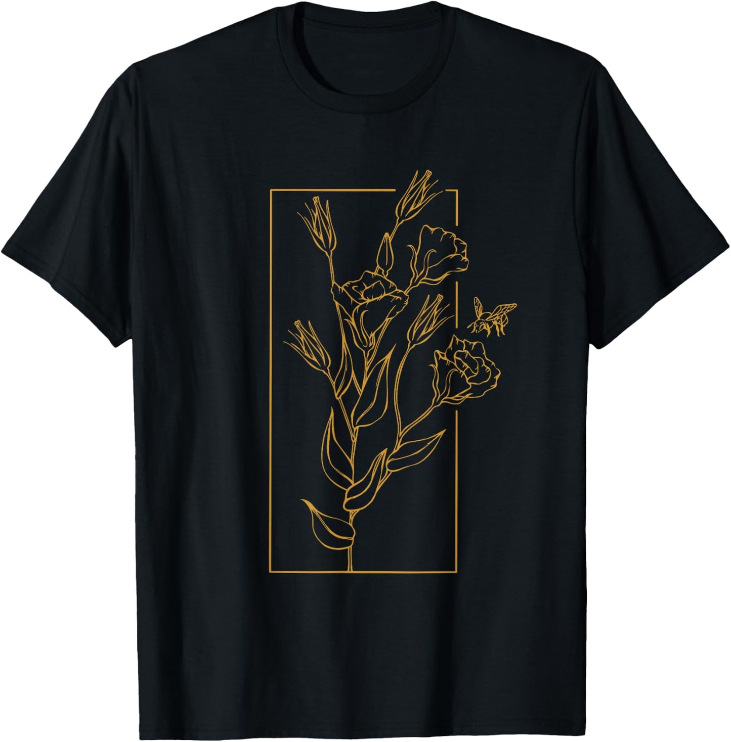 Floral Flower Lisianthus Eustoma Line Art Bee Wildflower T-Shirt - T-Shirt | Black